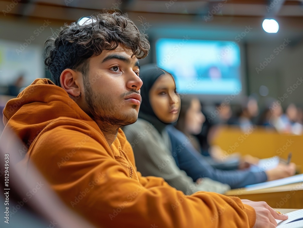Poster student taking notes during a lecture