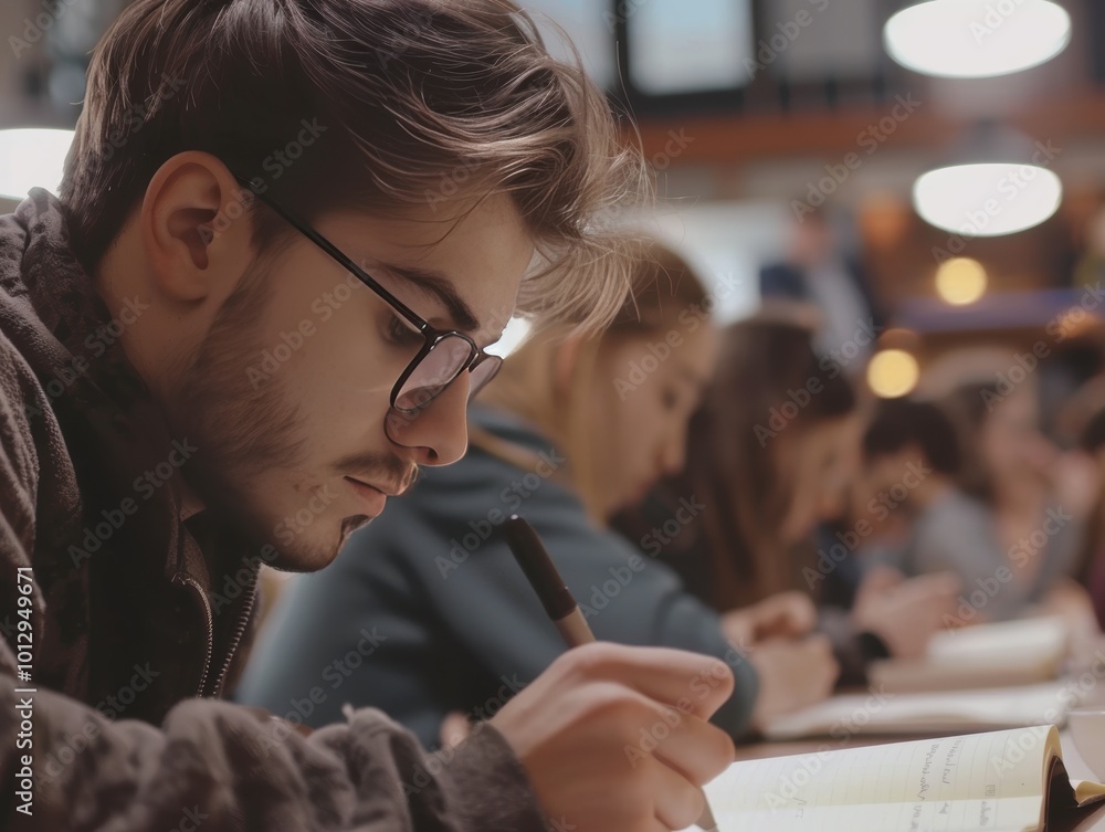 Poster student focused on writing in classroom setting