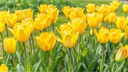 A vibrant field of yellow tulips blooming beautifully in a sunny garden setting,A lush garden filled with bright yellow tulips,A picturesque scene of yellow tulips flourishing in a colorful garden .