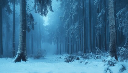 A snow-covered path winds through a dense, fog-filled evergreen forest.
