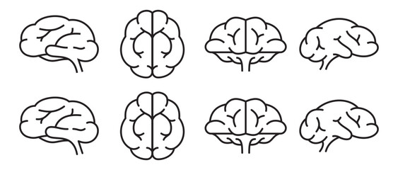Set human brain icons outline. Flat and round line tip. Minimalist clip art.