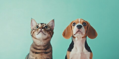 A tabby cat and a beagle dog look up with curious expressions against a blue background.