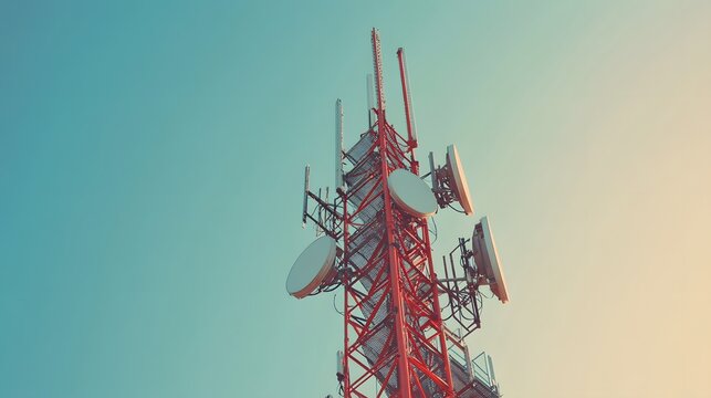 Antenna tower for telecommunication and phone base station with TV and wireless internet antennas, showcasing modern communication infrastructure against a clear sky