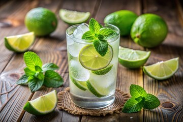 Close-up of refreshing mojito drink with lime and mint