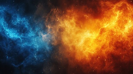 A vibrant cosmic scene showcasing swirling blue and orange nebulae in space.