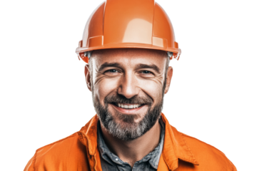 Smiling construction worker wearing an orange hard hat and jacket, isolated on white background.