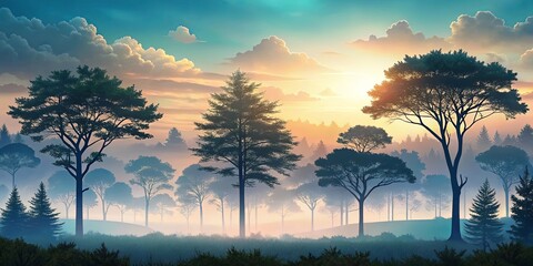 Naklejka premium Silhouetted trees stand tall against a vibrant sunrise, the air thick with mist, casting long shadows over the tranquil forest floor.