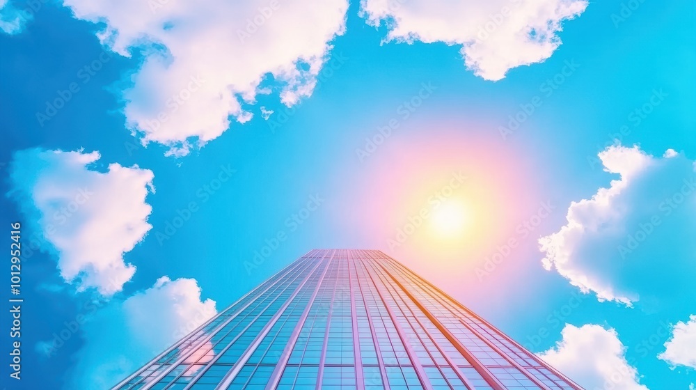 Poster a newly constructed skyscraper standing tall against the skyline, demonstrating the role of structur