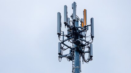 Antenna tower of telecommunication featuring TV and wireless internet antennas along with a phone base station