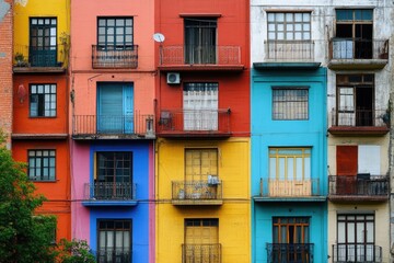 Fototapeta premium Colorful row of apartment buildings with balconies. A photo of a bright building exterior with contrasting colors, showcasing the details of balconies and windows.