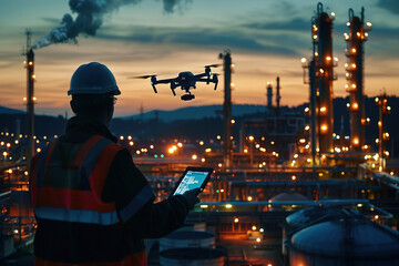 Drone flying near oil refinery pipes, operator analyzing real-time data on rugged tablet, industrial setting