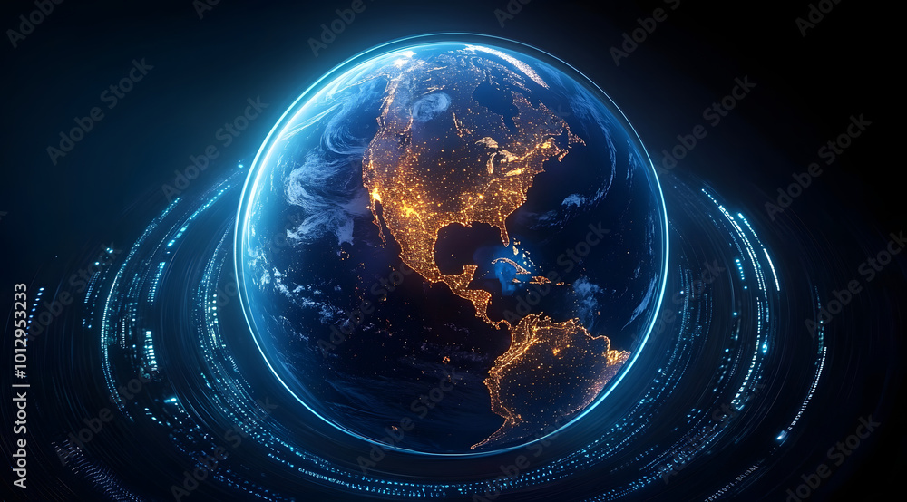 Poster Glowing Earth digitized within a futuristic technological framework.