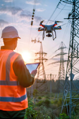 Technician controlling drone near high-voltage power lines, focusing on inspection screen, electrical towers