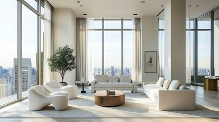 Living room featuring modern chairs, neutral colors, high viewpoint, clear windows, bright airy design