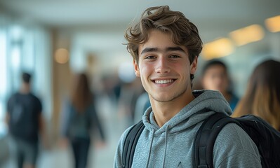 Fototapeta premium Young man smiling confidently in a school hallway filled with students and bright lighting