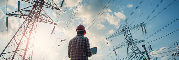 Technician controlling drone near high-voltage power lines, focusing on inspection screen, electrical towers