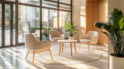 Modern room with neutral-colored chairs, high viewpoint showing clear windows, soft light creating an elegant atmosphere