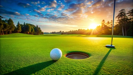 A lone golf ball sits on the green, inches away from the cup, as the sun sets behind a line of trees, casting a warm glow across the fairway. © Kukar Studio