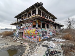 Obraz premium Abandoned Building Covered in Graffiti Amid Overcast Sky