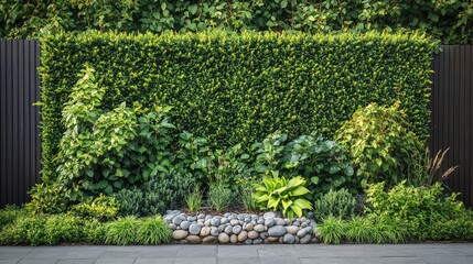 Lush Green Vertical Garden with Stone Border and Varied Foliage Against a Black Fence in a Modern Outdoor Setting