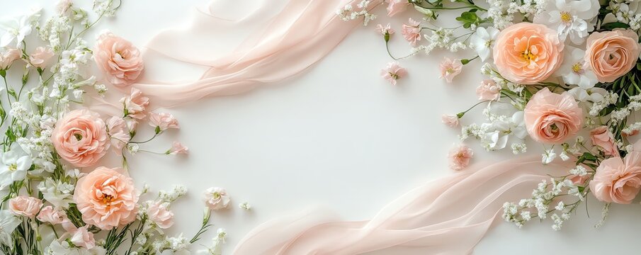 Delicate arrangement of pink roses and white flowers with flowing fabric, perfect for invitations or wedding decorations. - Powered by Adobe