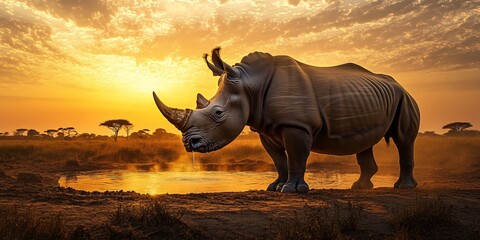 Fototapeta premium A white rhinoceros drinks water from a puddle at sunset in the African savanna.