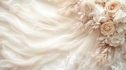 Fototapeta premium Elegant wedding fabric with pale roses and delicate textures, perfect for bridal theme or romantic decor.