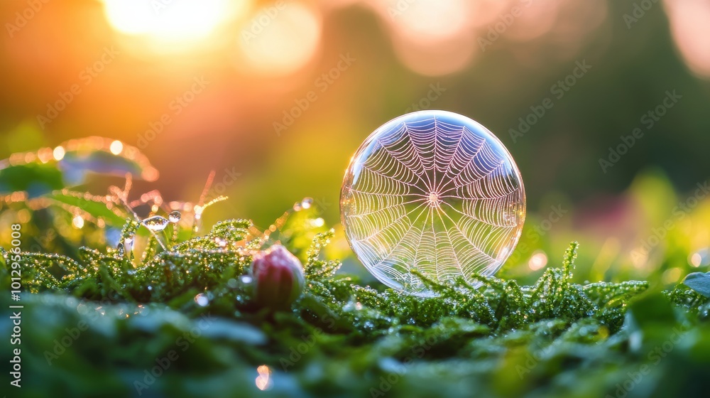 Poster a soap bubble with a delicate spiderweb pattern imprinted on its surface, highlighting the fragility