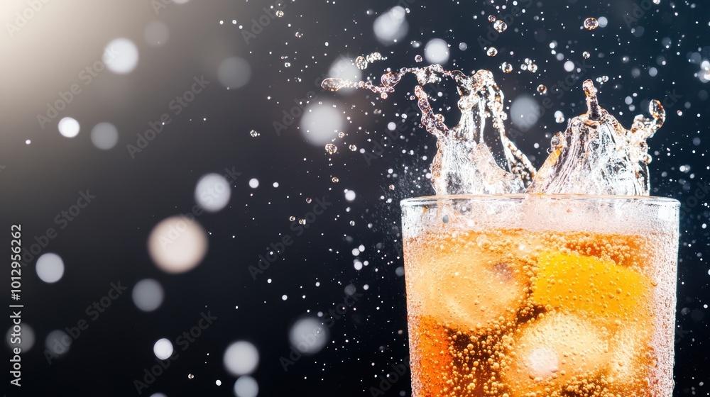 Poster a glass filled with a fizzy beverage with bubbles rising to the surface, creating a sparkling and re