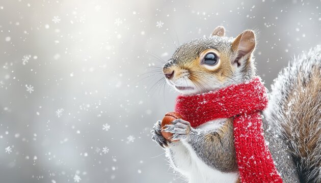 A sweet little squirrel wearing a red scarf, collecting acorns in a snow-covered forest, with snowflakes softly drifting down.