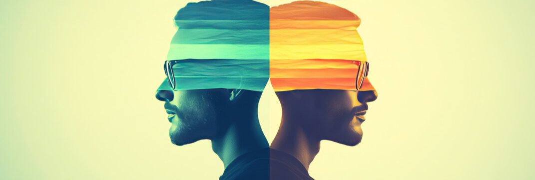 Double exposure portrait of a man with a dual nature.