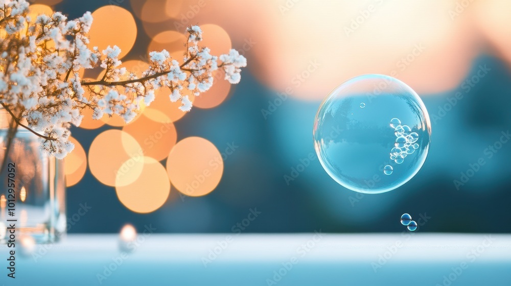 Poster a table setting with a unique soap bubble centerpiece, adding a touch of whimsy and sophistication t