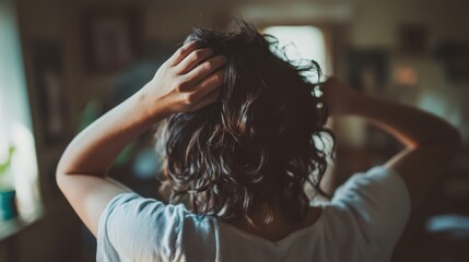 Fototapeta premium A woman runs her hand through her hair as she looks in a mirror.