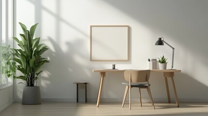 Modern workspace with natural light, wooden desk, chair, and indoor plant.