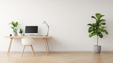 Modern workspace with plants, desk, and computer, minimalist design.