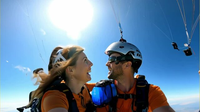 Couple in the sky enjoying a thrilling parachute experience on a sunny day. The scene captures excitement, adventure, and the beauty of the sky.