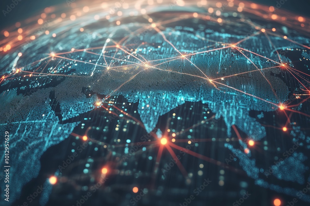 Poster worldwide network interaction showcasing global business connections with a 3d world map and interne