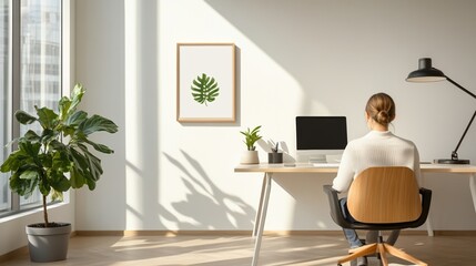 Person working at a stylish desk in a modern home office with plants.