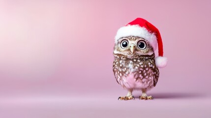 An adorable little owl with wide, curious eyes, wearing a red Santa hat, standing against a soft pink-to-purple gradient background.