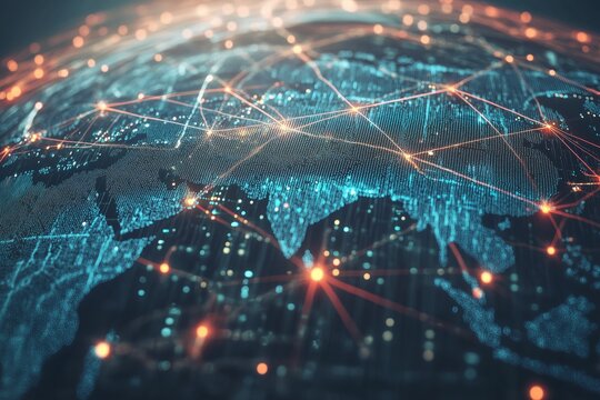 Worldwide network interaction showcasing global business connections with a 3D world map and internet financial exchange