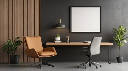 Stylish office interior with modern furniture and indoor plants.