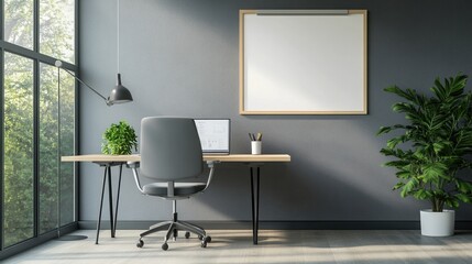 Stylish office workspace with a desk, chair, and large windows for natural light.