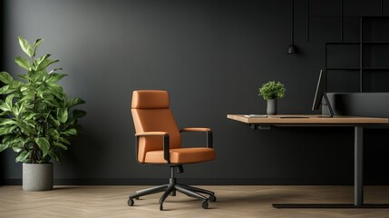 Stylish office setup with orange chair, desk, and green plant against dark wall.