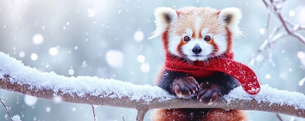 An adorable red panda with a red scarf tied around its neck, sitting on a snow-covered tree branch in a snowy wonderland.