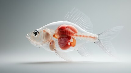 Transparent fish showing detailed internal anatomy against a light background.