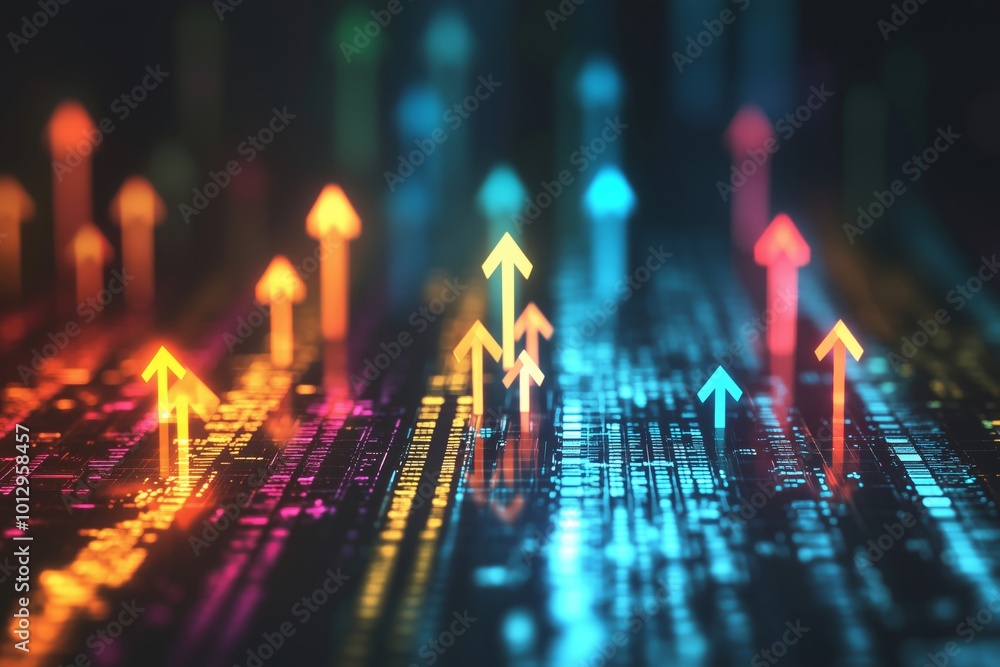 Poster futuristic growth arrow chart with abstract technology background showcasing digital transformation 