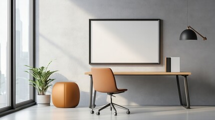 Modern workspace with desk, chair, window, and decorative plant against grey wall.