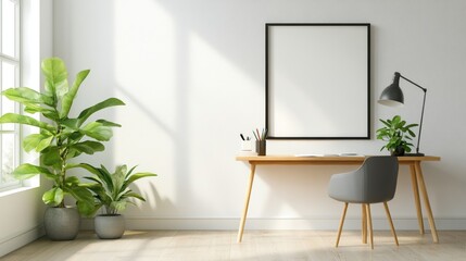 Modern workspace with desk, chair, and indoor plants, bright natural light.