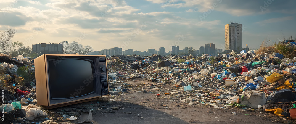 Canvas Prints Obsolete television in a trash-filled landscape