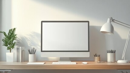 Modern workspace with desktop computer, lamp, and greenery, minimalistic design.